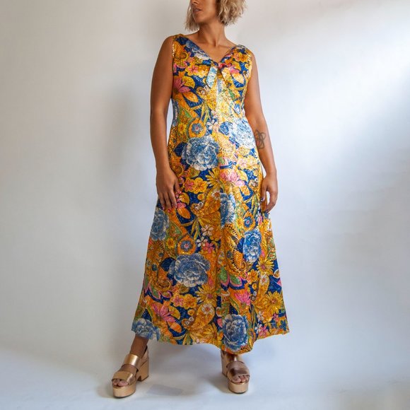70s metallic floral dress l xl extra large / floral disco dress / formal event d - Picture 6 of 10